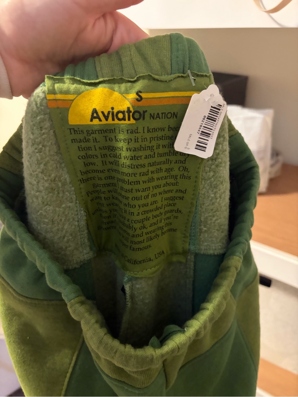 Aviator Nation NWT CHECK QUILTED SWEATPANTS - JUNGLE GREEN // PALM - Picture 3 of 4